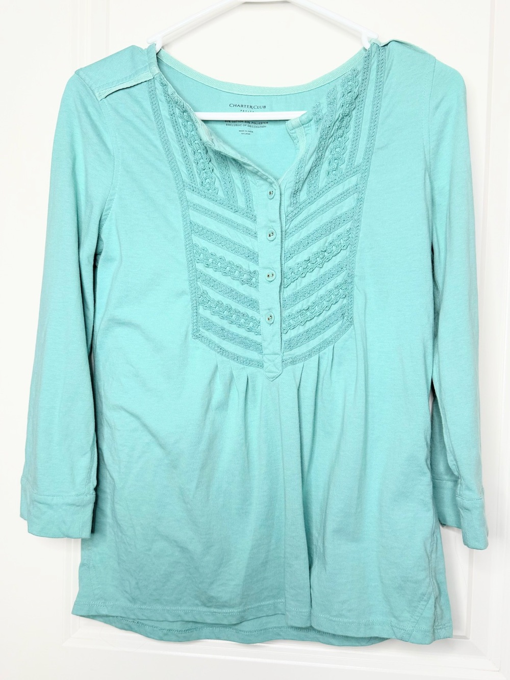 Charter Club Petite PM Aqua Lace Henley Tunic Top 3/4 Sleeve Cotton Boho